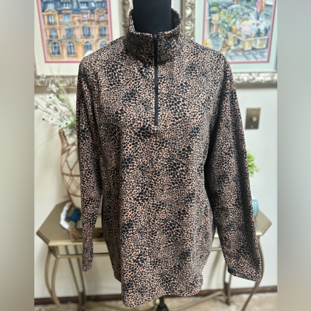 Lands' End Leopard Print Fleece Quarter-Zip Casual Top Sweatshirt Size XL-18
